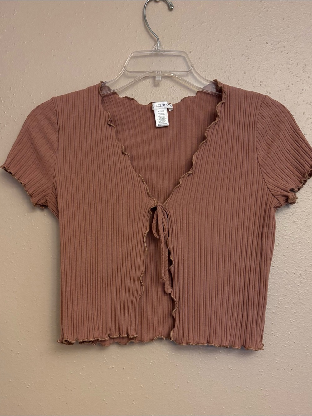 Bozzolo Tan Ribbed Tie-Front Crop Top